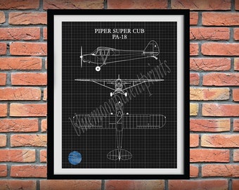 Piper Super Cub PA-18 Drawing - Piper Cub Poster, Piper Cub Blueprint, Aviation Decor - Pilot Art - Aviation School Art - Airplane Art Print