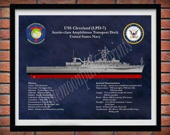 USS Cleveland LPD-7 Austin Class Transport Dock Blueprint, USS Cleveland Cruiser Poster, Austin Class Light Cruiser Art Print