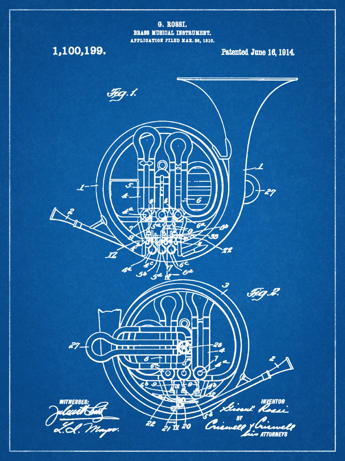 Patent 1914 French Horn Art Print Brass Musical Instrument Brass