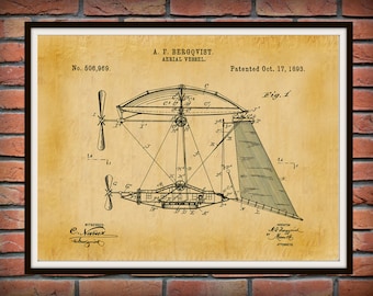 Patent 1894 Aerial Vessel Flying Machine Art Print Poster - Wall Art - Early Airplane - Aeronautics - Aviation Wall Art - Airport Art