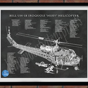 Bell UH-1B Irokesen Hubschrauber Art Print, Bell UH-B Huey Hubschrauber Wandkunst, Bell Huey UH-1B Cutaway Zeichnung,