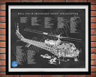 Bell UH-1B Iroquois Helicopter Art Print, Bell UH-B Huey Helicopter Wall Art, Bell Huey UH-1B Cutaway Drawing,