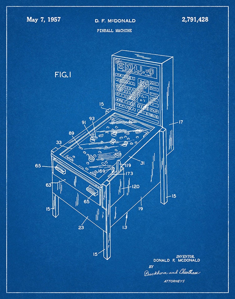1957 Pinball Machine Patent Print Pinball Game Arcade Poster
