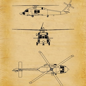 UH-60 Black Hawk Helicopter Art Print, Sikorsky UH-60 Helicopter Blueprint Chopper Pilot Gift Sikorsky UH-60 Chopper, Helicopter Decor Aged Parchment