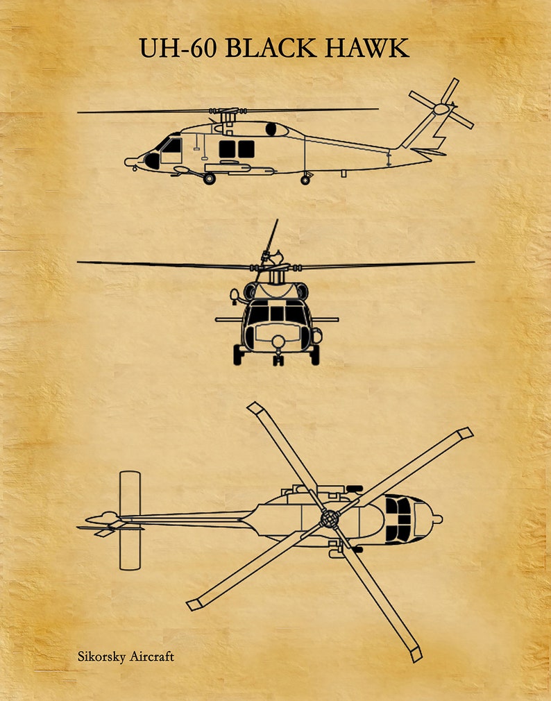 UH-60 Black Hawk Helicopter Art Print, Sikorsky UH-60 Helicopter Blueprint Chopper Pilot Gift Sikorsky UH-60 Chopper, Helicopter Decor Aged Parchment