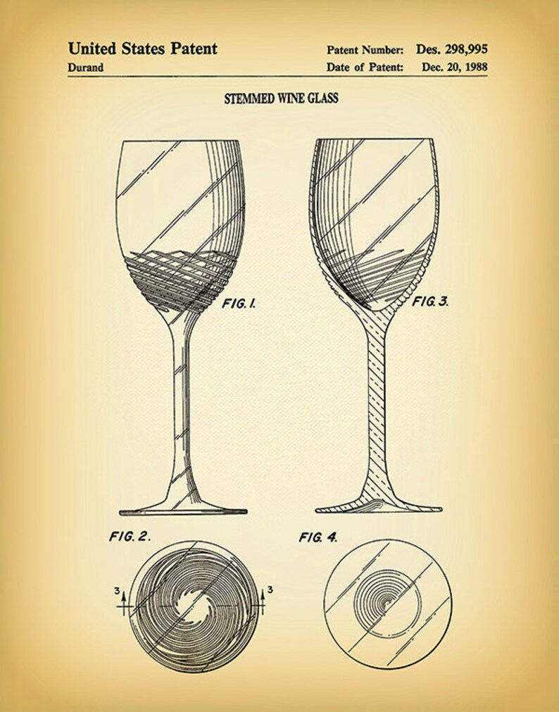 1988 Wine Glass Patent Print, Vintage Wine Glass Poster, Wine Collector Decor, Winery Decor Wine Connoisseur Gift Idea Vintage Canvas