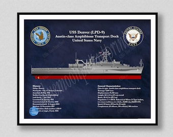 Art mural USS Denver LPD-9, plan de quai de transport de classe Austin, affiche de quai de transport amphibie USS Denver, navire de classe Austin, impression d'art