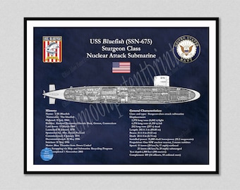 USS Bluefish SSN-675, Sturgeon Class Submarine Blueprint, Sturgeon Class Submarine Poster, Navy Submarine Wall Art, US Military Sub Poster