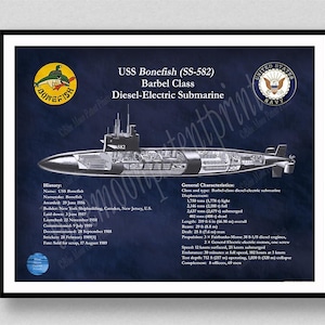 USS Bonefish Submarine SS-582 Poster, Barbel-Class Diesel-Electric Submarine Drawing, Navy Submarine Decor, SS-582 Submarine Wall Art