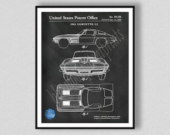 1963 Corvette C2 Patent Print, Chevy Corvette Stingray C2 Poster, Sports Car Poster, 60's Muscle Car Enthusiast, Corvette Wall Art