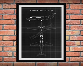 Cessna CJ4 Drawing, Cessna Citation CJ4 Jet Blueprint, Cessna Art Print, Cessna Poster, Aviation Art, Aviation Decor, Pilot Gift Idea