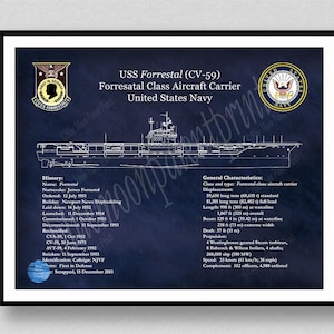 USS Forrestal CV-59 Aircraft Carrier, Forrestal Class Aircraft Carrier Ship Drawing, Aircraft Carrier Ship Schematic, US Navy Wall Art Print