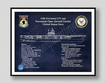 USS Forrestal CV-59 Aircraft Carrier, Forrestal Class Aircraft Carrier Ship Drawing, Aircraft Carrier Ship Schematic, US Navy Wall Art Print