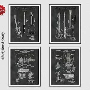 Set of 4 Fender Guitar Patent Prints, 1951 Fender Patent, 1953 Fender Patent, 1956 Fender Patent, 1961 Fender Patent, Van Halen Guitar Decor