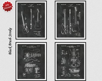 Set of 4 Fender Guitar Patent Prints, 1951 Fender Patent, 1953 Fender Patent, 1956 Fender Patent, 1961 Fender Patent, Van Halen Guitar Decor