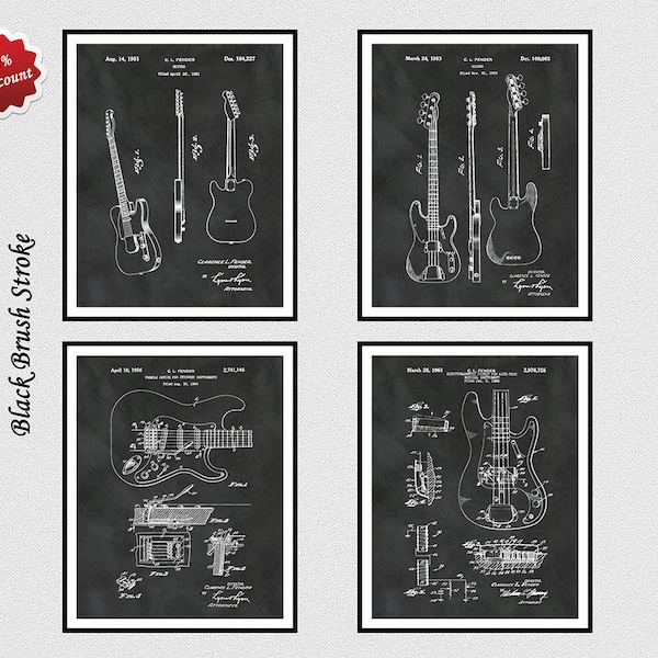 Set of 4 Fender Guitar Patent Prints, 1951 Fender Patent, 1953 Fender Patent, 1956 Fender Patent, 1961 Fender Patent, Van Halen Guitar Decor