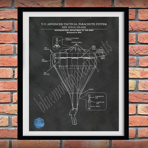 T-11 Parachute Drawing, US Military Parachute Blueprint, Paratrooper Wall Art, Army Airborne Assault, T-11 Parachute Poster