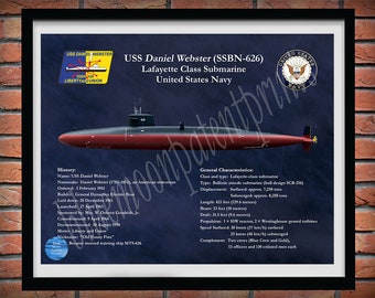 Dessin de sous-marin USS Daniel Webster SNLE-626, affiche de sous-marin de classe Lafayette, plan de l'USS Daniel Webster, art mural sous-marin