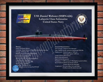 USS Daniel Webster SSBN-626 Submarine Drawing, Lafayette Class Submarine Poster, USS Daniel Webster Blueprint, Submarine Wall Art