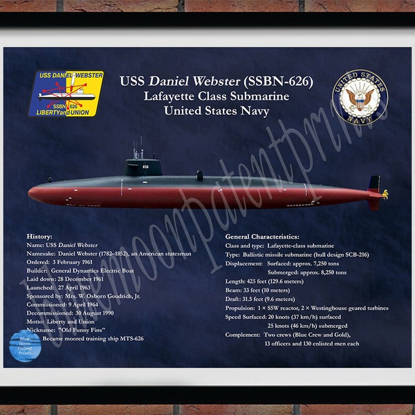 USS Daniel Webster SSBN-626 Submarine Drawing, Lafayette Class Submarine Poster, USS Daniel Webster Blueprint, Submarine Wall Art