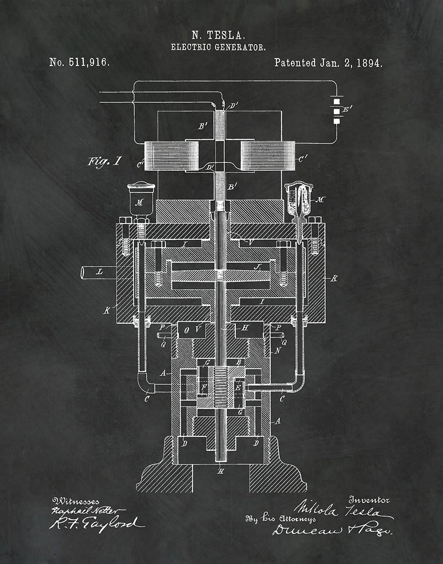 1894 Tesla Electric Generator Patent Print Nikola Tesla Science