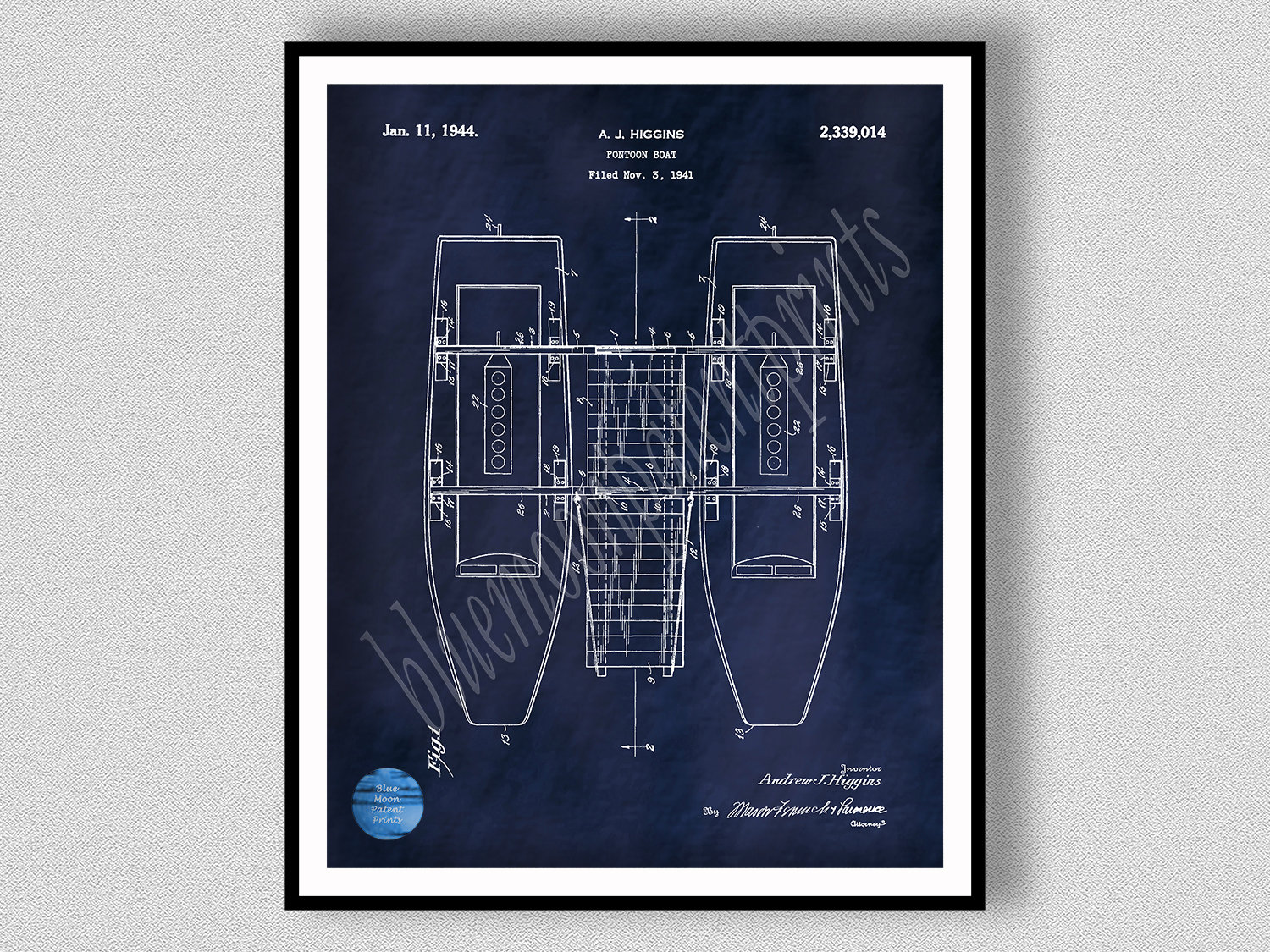 1941 Pontoon Boat Patent Print, Pontoon Boat Poster, Nautical