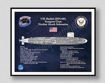 USS Batfish SSN-681 Submarine Blueprint, Sturgeon Class Nuclear Fast Attack Submarine Drawing, US Navy Submarine Wall Art