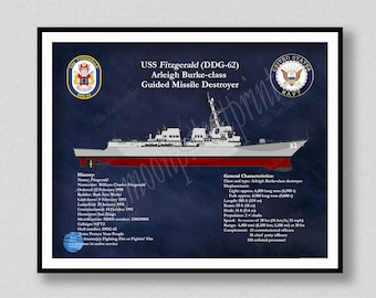 USS Fitzgerald DDG-62 Drawing, Arleigh Burke Class Guided Missile Destroyer Drawing, Uss Fitzgerald Blueprint, US Navy Wall Art Print