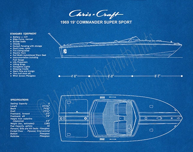 1969 Chris Craft Boat Drawing Chris Craft Commander Super Sport Poster Nautical Decor Chris Craft Blueprint Chris Craft Commander Club