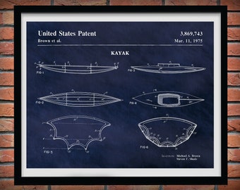 Kayak Patent Print Vers #2, 1975 Kayak Poster, Kayak Blueprint, Nautical Decor, Kayak Invention, Paddle Boat Print, Camp Decor, Kayaker Gift