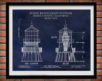 1870 Point Reyes Lighthouse Drawing - Point Reyes Light Station Art Print  - Nautical Wall Art -  Marine Art - Ships Beacon - Marin County