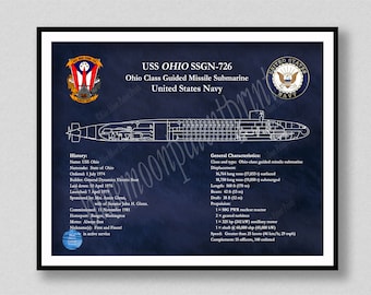 USS Ohio SSBN-726 Ohio Class Submarine Blueprint, USS Ohio Submarine Poster, Ohio Class Guided Missile Submarine Art Print