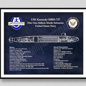 USS Kentucky SSBN-737 Submarine Art Print, USS Kentucky Submarine Poster, Ohio Class Submarine Drawing, Us Military Submarine Print