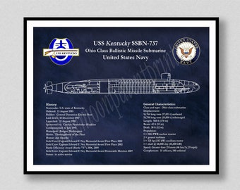USS Kentucky SSBN-737 Submarine Art Print, USS Kentucky Submarine Poster, Ohio Class Submarine Drawing, Us Military Submarine Print