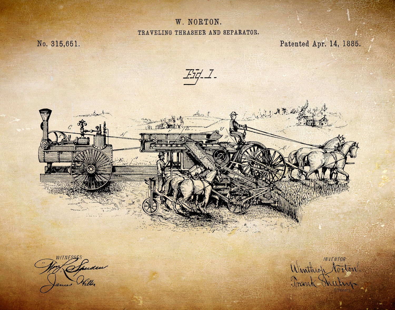 1885 Traveling Thrasher Patent Print, Antique Tractor Wall art, Horse