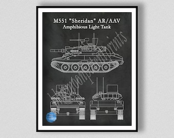 M551 Sheridan Tank Poster, Sheridan Small Tank Blueprint, Sheridan M551 Tank Art Print, Military Tank Print Wall Art, Military Decor