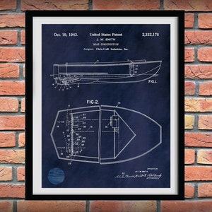 1943 Chris Craft Patent Print, Chris Craft Wooden Boat Blueprint, Chris Craft Poster, Outboard Motorboat Drawing, Nautical Decor