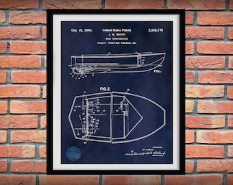 1943 Chris Craft Patent Print, Chris Craft Wooden Boat Blueprint, Chris Craft Poster, Outboard Motorboat Drawing, Nautical Decor