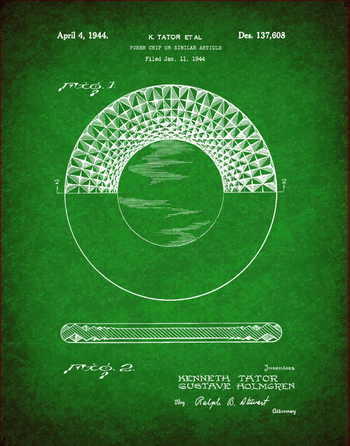 Patent 1944 Poker Chip Art Print Wall Art Game Room Art