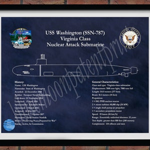 USS Washington SSN 787 Drawing, Virginia Class Submarine Blueprint, USS Washington Submarine Poster, United States Submarine Décor