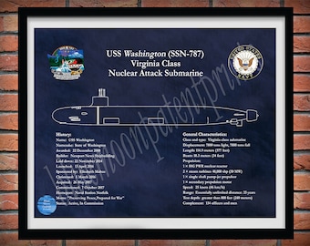 USS Washington SSN 787 Drawing, Virginia Class Submarine Blueprint, USS Washington Submarine Poster, United States Submarine Décor