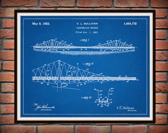 Patent 1923 Suspension Bridge - Art Print - Poster Print - Wall Art - Bridge Engineering Design -