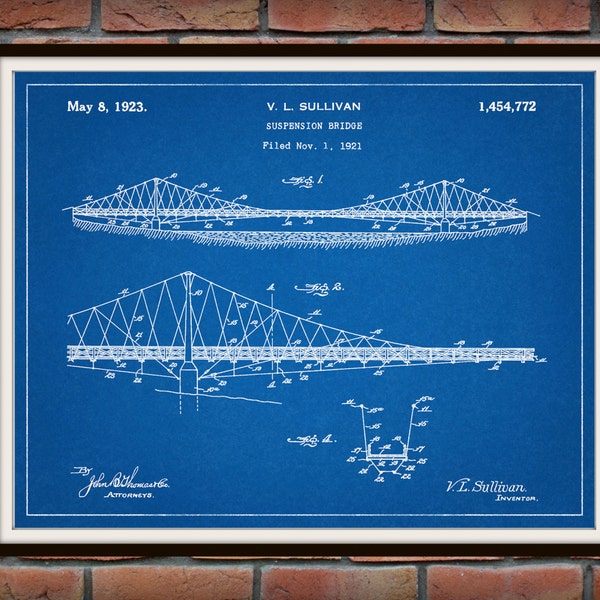 Patent 1923 Suspension Bridge - Art Print - Poster Print - Wall Art - Bridge Engineering Design -