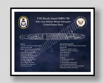 USS Rhode Island SSBN-740 Ohio Class Submarine Blueprint, USS Rhode Island Submarine Poster, Ohio Class Submarine Drawing