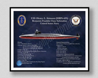 USS Henry L Stimson SSBN-655 Submarine Drawing, Benjamin Franklin Class Submarine Poster,USS Henry L Stimson Submarine Poster,41 for Freedom