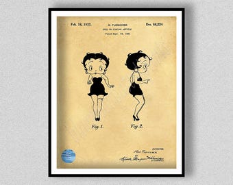 1932 Betty Boop Patent Print Designed by Max Fleischer, Betty Boop Doll Wall Art, 1930's Animated Cartoon Character Doll Print