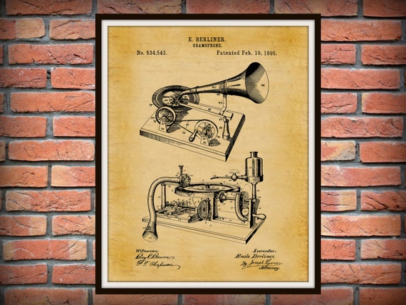 1895 Gramophone Patent Print, Antique Record Player, 1895