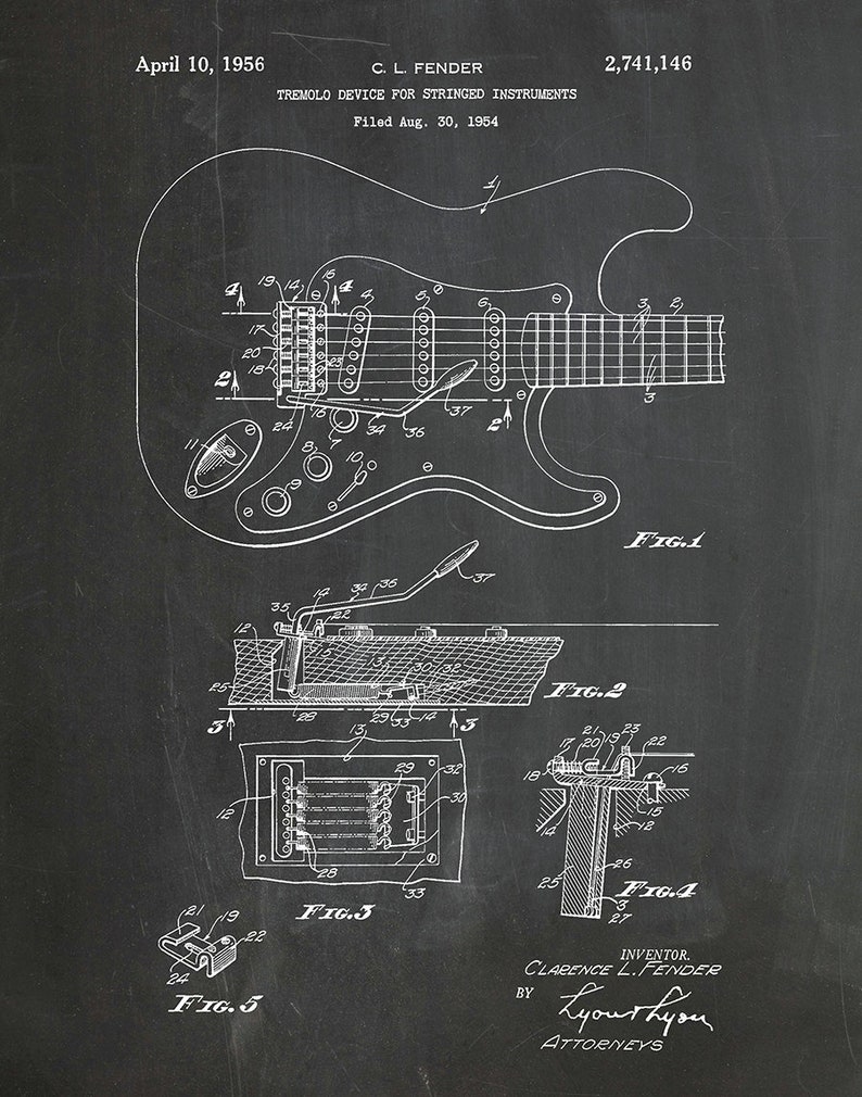 1956 Fender Guitar Patent Rock Band Guitar Print Guitar Collector Gift Fender Tremelo Stratocaster Guitar Electric Guitar Poster