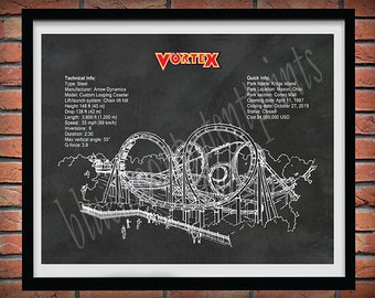 Vortex Roller Coaster Drawing, Kings Island Roller Coaster, Vortex Roller Coaster Blueprint, Thrill Rider Gift, Roller Coaster Decor