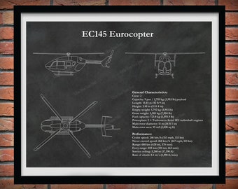 EC145 Eurocopter Print, EC-145 Helicopter Blueprint, Helicopter Pilot Gift, Helicopter Decor, Medical Helicopter Drawing